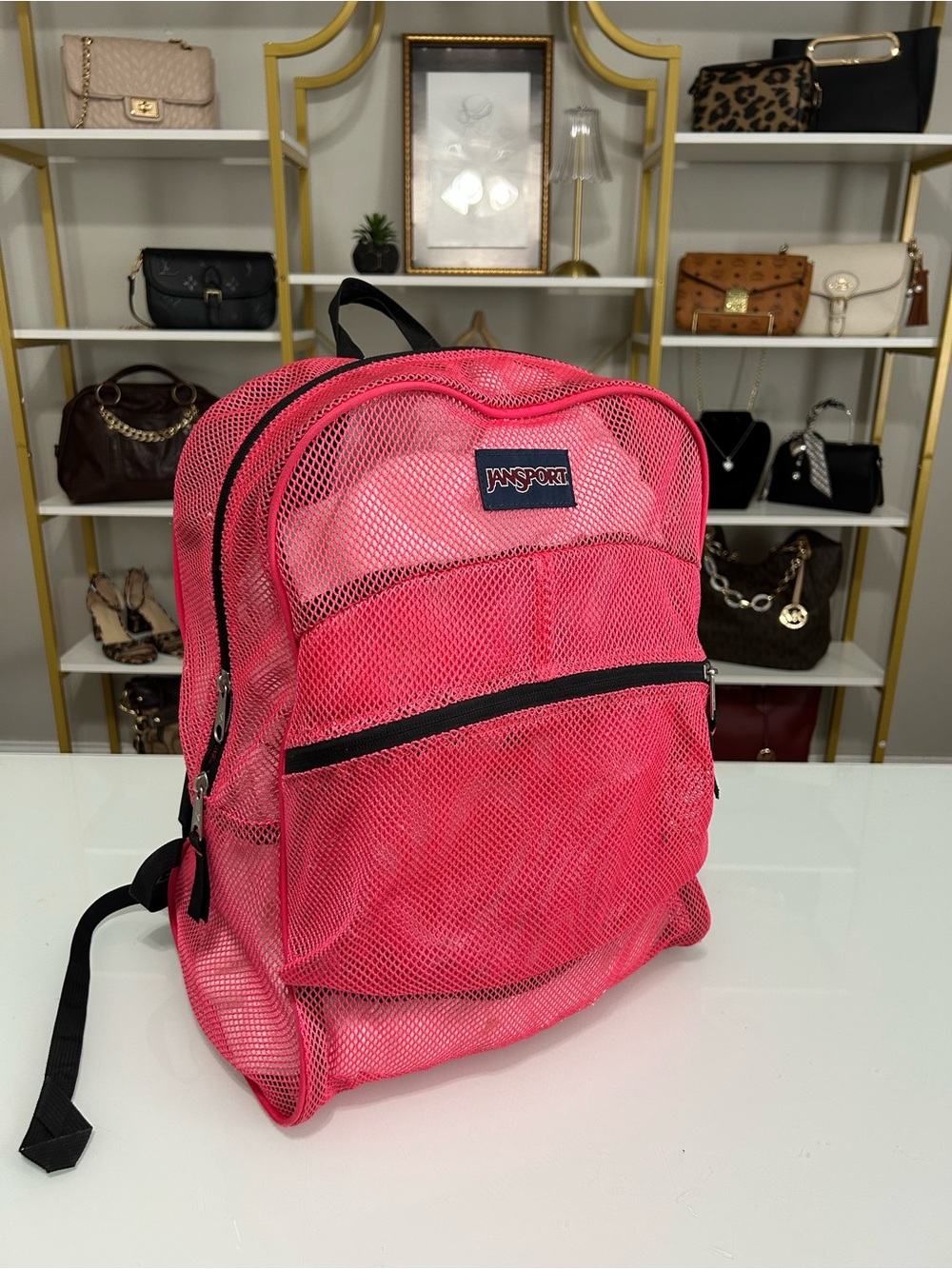 Jansport Hot Pink Mesh Backpack with Black Trim